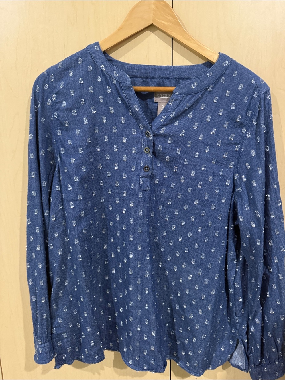 Chico's Indigo Blue Long-Sleeve Henley with White Dot Print